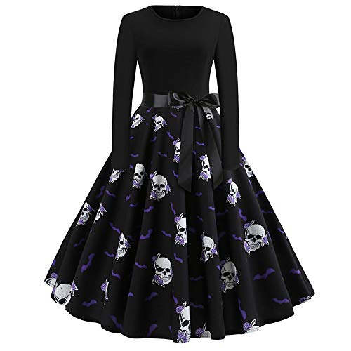 TWIFE Herbst Halloween Damen Langarm O Hals Druck Winter Vintage Kleid Partykleid