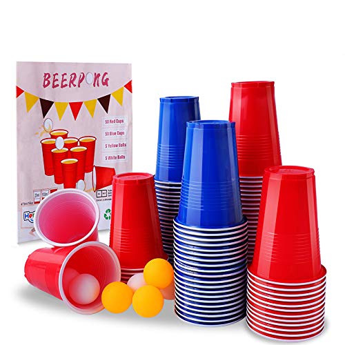 Herefun Beer Pong Becher Partybecher Set, 100 Bier Pong Cups Plastikbecher Trinkbecher, Rot und Blau Trinkspiel mit 10 Bällen (16 oz), Wiederverwendbar Camping Bier Weihnachten Geburtstag