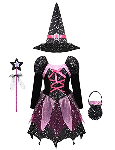 iiniim Mädchen Hexen Kostüm Kleid Zauberer Kostüm komplett mit Hexenhut Zauberstab Hexenkessel Cosplay Karneval Party Outfits Gr.98-140 Schwarz 134-140