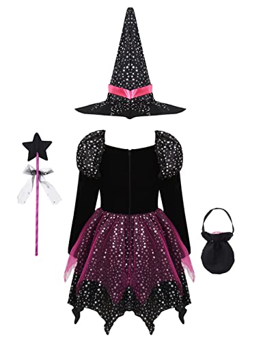 iiniim Mädchen Hexen Kostüm Kleid Zauberer Kostüm komplett mit Hexenhut Zauberstab Hexenkessel Cosplay Karneval Party Outfits Gr.98-140 Schwarz 134-140 - 2