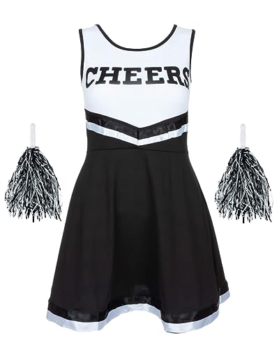 Redstar Fancy Dress - Damen Cheerleader-Kostüm - Uniform mit Pompons - Halloween, American High School - 6 Größen 34-44 - Schwarz - S