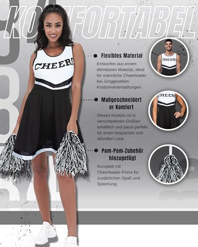 Redstar Fancy Dress – Damen Cheerleader-Kostüm – Uniform mit Pompons – Halloween, American High School – 6 Größen 34-44 – Schwarz – S - 4