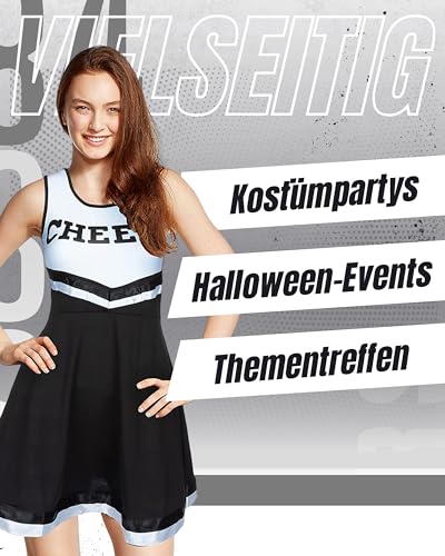 Redstar Fancy Dress – Damen Cheerleader-Kostüm – Uniform mit Pompons – Halloween, American High School – 6 Größen 34-44 – Schwarz – S - 6