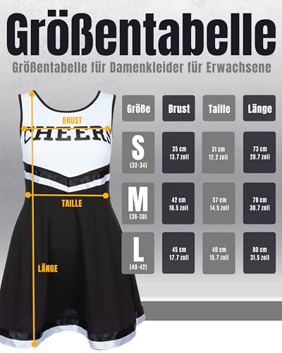 Redstar Fancy Dress – Damen Cheerleader-Kostüm – Uniform mit Pompons – Halloween, American High School – 6 Größen 34-44 – Schwarz – S - 7