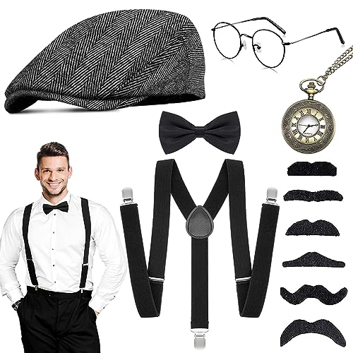 WEARXI 20er Jahre Accessoires Herren - Gatsby Hut Herren Kostüme Hosenträger Herren Mafia Kostüm Set, Gangster Hut, Halsschleife Taschenuhr, Schnurrbart & Spielzeug Zigarre Ideal Kostüme für Partys