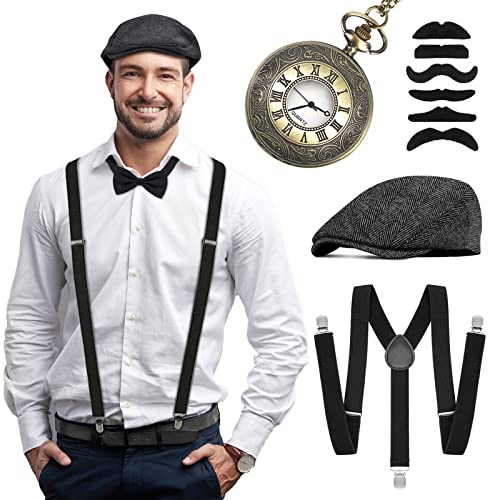 WEARXI 20er Jahre Accessoires Herren – Gatsby Hut Herren Kostüme Hosenträger Herren Mafia Kostüm Set, Gangster Hut, Halsschleife Taschenuhr, Schnurrbart & Spielzeug Zigarre Ideal Kostüme für Partys - 2