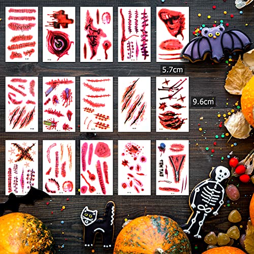 Alintor Halloween Schminke Set – Halloween Narben Tattoo, Halloween Kostüm Damen Tattoo, Wasserdicht Terror Zombie Wunden Tattoo für Kinder Erwachsener Makeup(5 Große + 15 Kleine Stück, 180 Muster) - 4