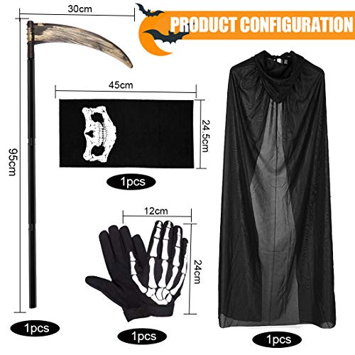 O-Kinee Halloween Kostüm Set, Enthält Sensemann Kostüm Sense Schädelmaske SchädeHandschuhe, Unisex Kostüm Sensenmann für Halloween Party Dekoration Cosplay - 4