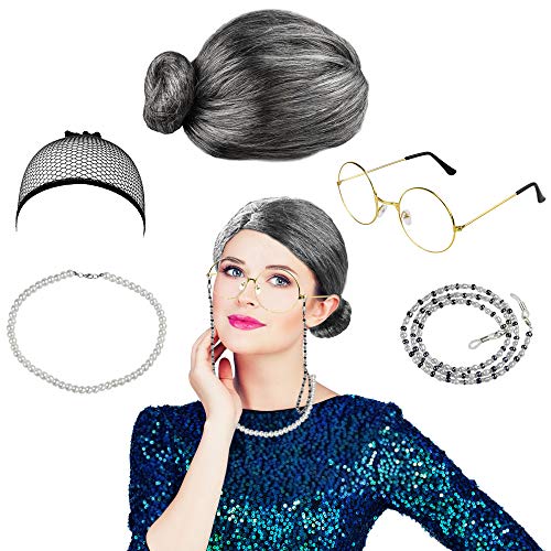 IGRMVIN 5 Stück Großmutter Cosplay Set Oma Perücke Grau Kostüm Alte Frau Alte Dame Old Lady Kostüm Kleid mit Perlenkette Brille Brillen Ketten Perücke Kappe Accessoire für Dame Kinder Kostümparty