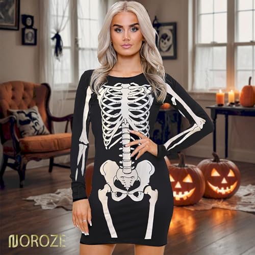 NOROZE Damen Frauen Halloween Skelett Schädel Knochen Rot Blut Herz Bodycon Kostüm Neuheit Party Kleid (40/42, Schwarz Skelett) - 2