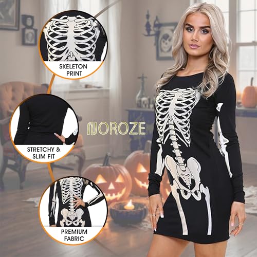 NOROZE Damen Frauen Halloween Skelett Schädel Knochen Rot Blut Herz Bodycon Kostüm Neuheit Party Kleid (40/42, Schwarz Skelett) - 3