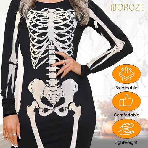 NOROZE Damen Frauen Halloween Skelett Schädel Knochen Rot Blut Herz Bodycon Kostüm Neuheit Party Kleid (40/42, Schwarz Skelett) - 5