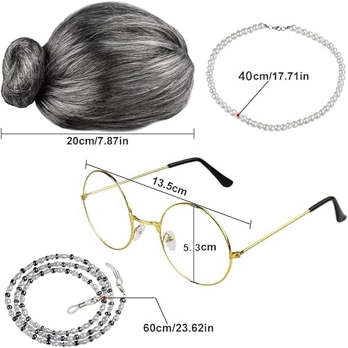 EMAGEREN Old Lady Kostüm Großmutter Cosplay Zubehör Set Oma Perücke Perücke Kappe Oma Brille Brillen Ketten Armband Perlenkette, Alte Dame Cosplay Set Kostümzubehör (5 Stück) - 2