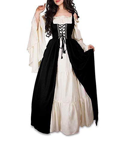 Guiran Damen Mittelalterliche Kleid mit Trompetenärmel Mittelalter Party Kostüm Maxikleid Schwarz S