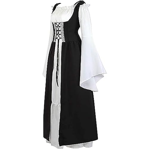 Guiran Damen Mittelalterliche Kleid mit Trompetenärmel Mittelalter Party Kostüm Maxikleid Schwarz S - 6