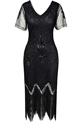 ArtiDeco 1920s Kleid Damen Flapper Kleid mit Kurzem Ärmel Gatsby Motto Party Damen Kostüm Kleid (Schwarz, XXL)