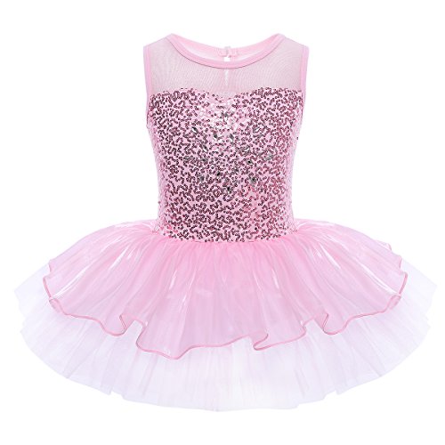 iEFiEL Mädchen Kleid Ballettkleid Kinder Ballett Trikot Ballettanzug mit Tütü Röckchen Pailletten Kleid in Weiß Rosa Türkis (122-128, Pink)