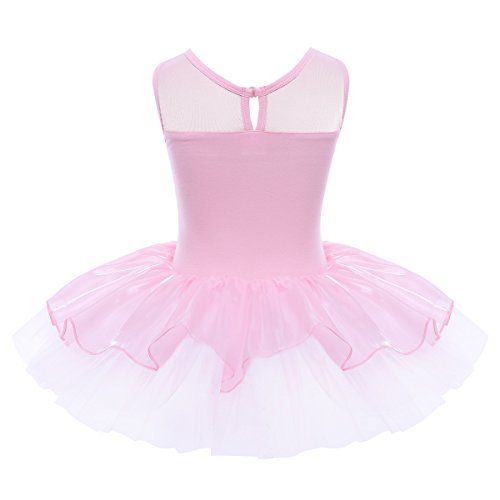 iEFiEL Mädchen Kleid Ballettkleid Kinder Ballett Trikot Ballettanzug mit Tütü Röckchen Pailletten Kleid in Weiß Rosa Türkis (122-128, Pink) - 2