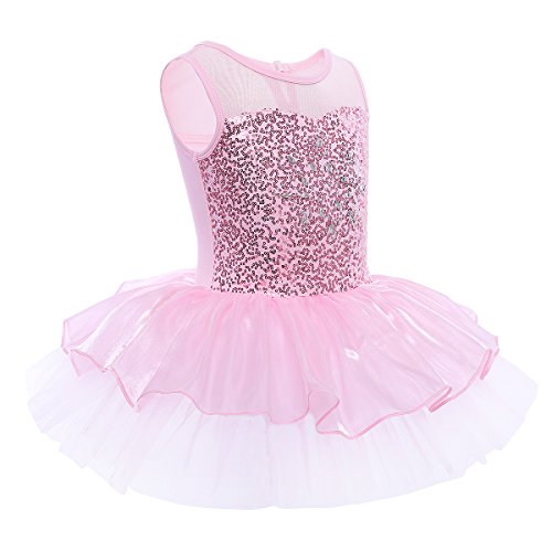 iEFiEL Mädchen Kleid Ballettkleid Kinder Ballett Trikot Ballettanzug mit Tütü Röckchen Pailletten Kleid in Weiß Rosa Türkis (122-128, Pink) - 3