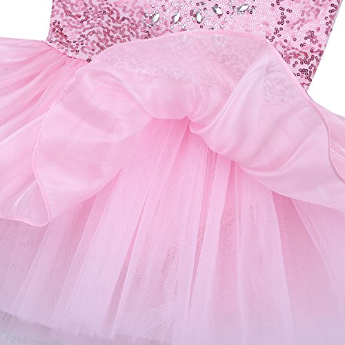 iEFiEL Mädchen Kleid Ballettkleid Kinder Ballett Trikot Ballettanzug mit Tütü Röckchen Pailletten Kleid in Weiß Rosa Türkis (122-128, Pink) - 5