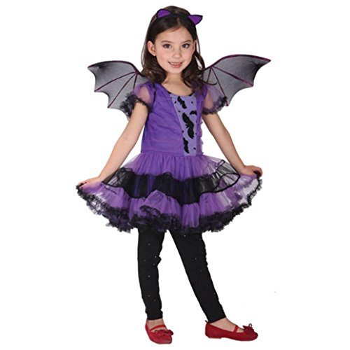 Babykleider,Sannysis Kinder Baby Mädchen Halloween Kleidung Kostüm Kleid + Haar Hoop + Fledermaus Flügel Outfit 2-15Jahre (110, Lila) - 5