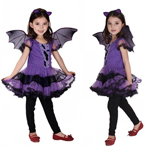 Babykleider,Sannysis Kinder Baby Mädchen Halloween Kleidung Kostüm Kleid + Haar Hoop + Fledermaus Flügel Outfit 2-15Jahre (110, Lila) - 3