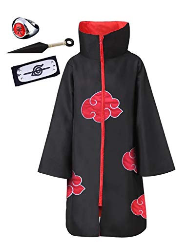 Anime Naruto Akatsuki/Uchiha Itachi Cosplay Halloween Weihnachten Party Kostüm Naruto Akatsuki Umhang Mantel Akatsukikostüm Jacke mit Stirnband und Ring für Herren Männer Kinder Erwachsene (03,M)