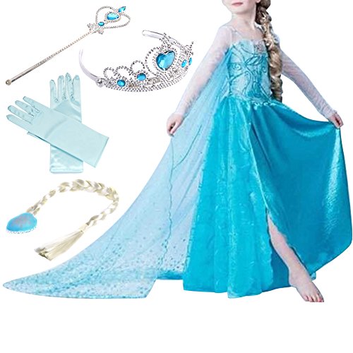 Timesun® Mädchen Prinzessin Schneeflocke Süßer Ausschnitt Kleid Kostüme mit Diadem, Handschuhen, Zauberstab und Zopf, Gr. 98/140 (130 ( Körpergröße 130cm ), #01 kleid mit 4 Zubehör)