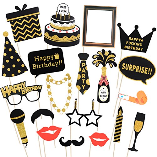 LUOEM Alles Gute zum Geburtstag Photo Booth Requisiten Glitter Geburtstag posiert Requisiten auf Einem Stock Birthday Party Supplies, Packung mit 20