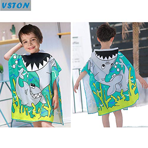Vston Handtuch für Kinder, aus Baumwolle, mit Kapuze, für Bad, Schwimmen, Strand, Urlaub, weich, leicht, für Jungen und Mädchen. Gr. One Size, Blue/Green-shark - 7