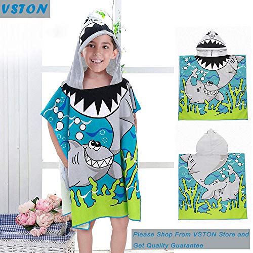 Vston Handtuch für Kinder, aus Baumwolle, mit Kapuze, für Bad, Schwimmen, Strand, Urlaub, weich, leicht, für Jungen und Mädchen. Gr. One Size, Blue/Green-shark - 6