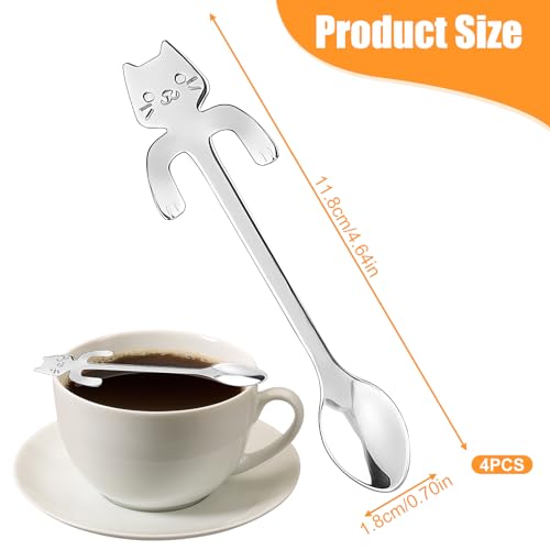 4 Pcs Katze Kaffee Löffel Set, Edelstahl Kätzchen Hängendes Design Teelöffel Dessertlöffel für Wasser Tee Milch Kaffee Dessert Drink Mischen Milchshake,zum Aufhängen Tasse Löffel Küche Gadget - 4