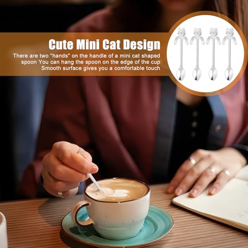 4 Pcs Katze Kaffee Löffel Set, Edelstahl Kätzchen Hängendes Design Teelöffel Dessertlöffel für Wasser Tee Milch Kaffee Dessert Drink Mischen Milchshake,zum Aufhängen Tasse Löffel Küche Gadget - 3