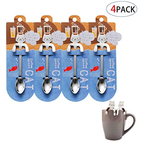 4 Pcs Katze Kaffee Löffel Set, Edelstahl Kätzchen Hängendes Design Teelöffel Dessertlöffel für Wasser Tee Milch Kaffee Dessert Drink Mischen Milchshake,zum Aufhängen Tasse Löffel Küche Gadget - 7