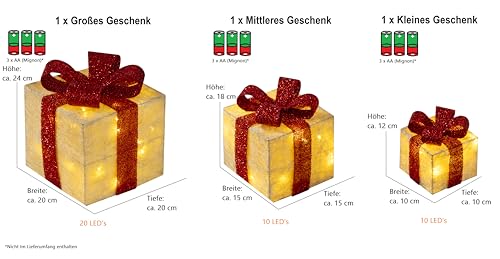 Bambelaa! 3er Led Deko Geschenke Leucht Boxen Timer Weihnachts Dekoration Weihnachtsdeko Beleuchtet Deko Weihnachten (Gelb) - 3