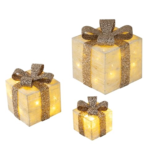 Bambelaa! 3er Led Deko Geschenke Leucht Boxen Timer Weihnachts Dekoration Weihnachtsdeko Beleuchtet Deko Weihnachten (Gold)