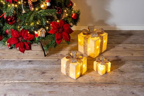 Bambelaa! 3er Led Deko Geschenke Leucht Boxen Timer Weihnachts Dekoration Weihnachtsdeko Beleuchtet Deko Weihnachten (Gold) - 2