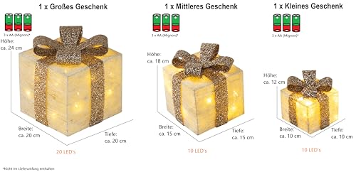 Bambelaa! 3er Led Deko Geschenke Leucht Boxen Timer Weihnachts Dekoration Weihnachtsdeko Beleuchtet Deko Weihnachten (Gold) - 3