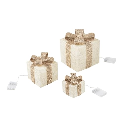 Bambelaa! 3er Led Deko Geschenke Leucht Boxen Timer Weihnachts Dekoration Weihnachtsdeko Beleuchtet Deko Weihnachten (Gold) - 3