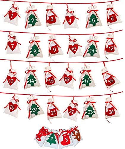 HIQE-FL Christmas Advent Calendar Bag,Adventskalender zum Befüllen,Christmas Countdown Kalender,24 Stoffsäckchen,Zahlen Weihnachtskalender,Säckchen für Adventskalender