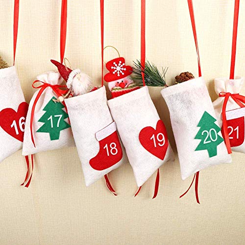 HIQE-FL Christmas Advent Calendar Bag,Adventskalender zum Befüllen,Christmas Countdown Kalender,24 Stoffsäckchen,Zahlen Weihnachtskalender,Säckchen für Adventskalender - 5