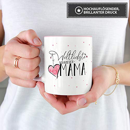 Tasse mit Spruch für die Weltliebste Schwiegermama – Kaffeetasse/Familie/Geschenk-Idee/Mug/Cup/Innen & Henkel Rosa - 3