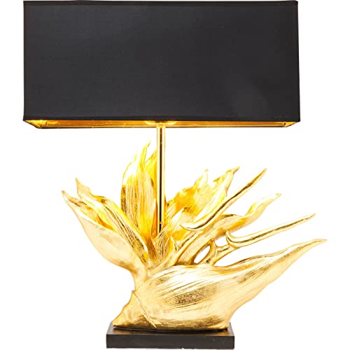 Kare Design Tischleuchte Tropical Flower, außergewöhnliche Tischlampe in Gold mit Schwarzem Stoffschirm, goldene, elegante Dekolampe für Nachttisch und Kommode (H/B/T) 65x50,5x22cm