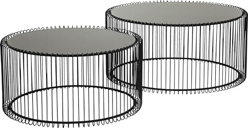 Kare Design Couchtisch Wire Black 2er Set, runder, moderner Glastisch, großer Beistelltisch, Kaffeetisch, Nachttisch, Schwarz (H/B/T) 30,5xØ60cm & 33,5xØ69,5cm