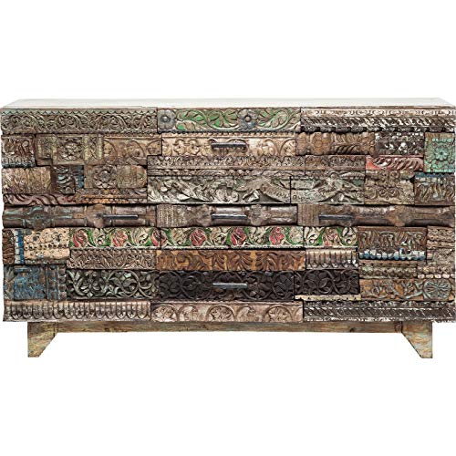 Kare Design Sideboard Shanti Surprise Puzzle, Breite Kommode aus Mango Holz, Design Schrank mit handgeschnitzten Fronten, Bunt (H/B/T) 90x160x42 cm