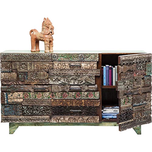 Kare Design Sideboard Shanti Surprise Puzzle, Breite Kommode aus Mango Holz, Design Schrank mit handgeschnitzten Fronten, Bunt (H/B/T) 90x160x42 cm - 4