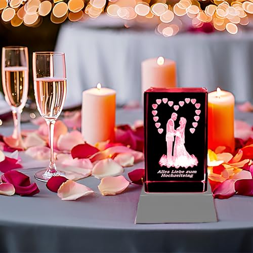 Kaltner Präsente Stimmungslicht LED Kerze/Kristall Glasblock / 3D-Laser-Gravur HOCHZEITSKERZE Alles Liebe ZUM Hochzeitstag - 2