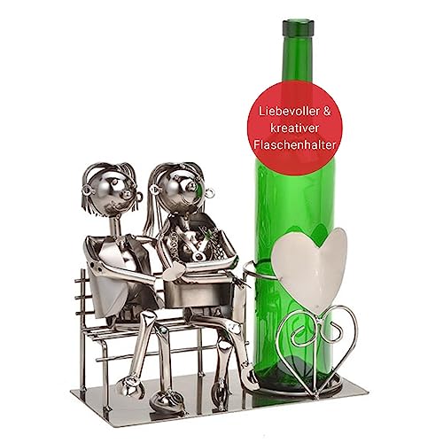 Wein Flaschenhalter Liebespaar auf Bank – Weinflaschenhalter Metall mit Figuren als Geschenk oder Dekoartikel für zu Hause