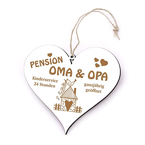 SCHILD Herz PENSION OMA & OPA - ganzjährig geöffnet ca. 13 x 12 cm - mit VOGELHAUS Motiv