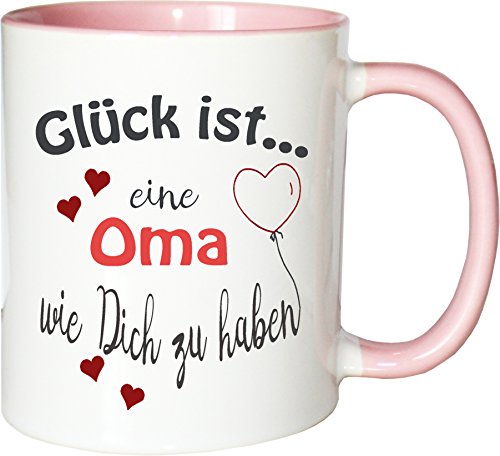 WarmherzIch Becher Tasse Glück ist… Oma Kaffee Kaffeetasse liebevoll Bedruckt Omi Großmutter Muttertag Weiß-Rosa